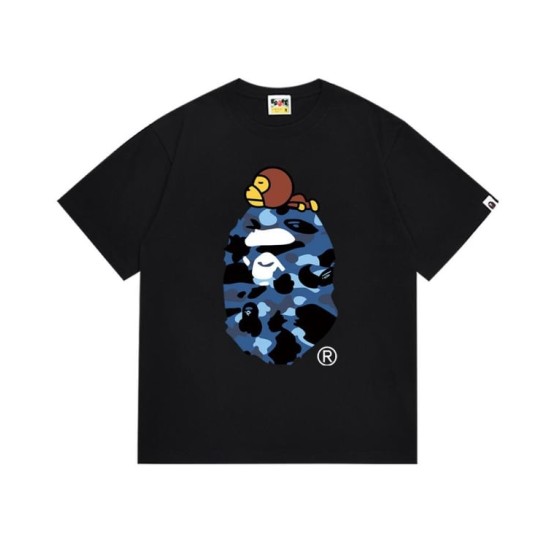 Black BAPE T-Shirt with Blue Camo Ape Head and Baby Milo Print